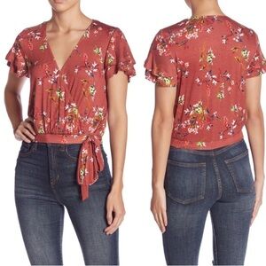 June & Hudson Nordstrom Floral Faux Wrap Top in Rosewood Size M